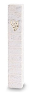 Picture of Polymer Mezuzah Case Stacked Jerusalem Stone Gold Shin Beige 12cm